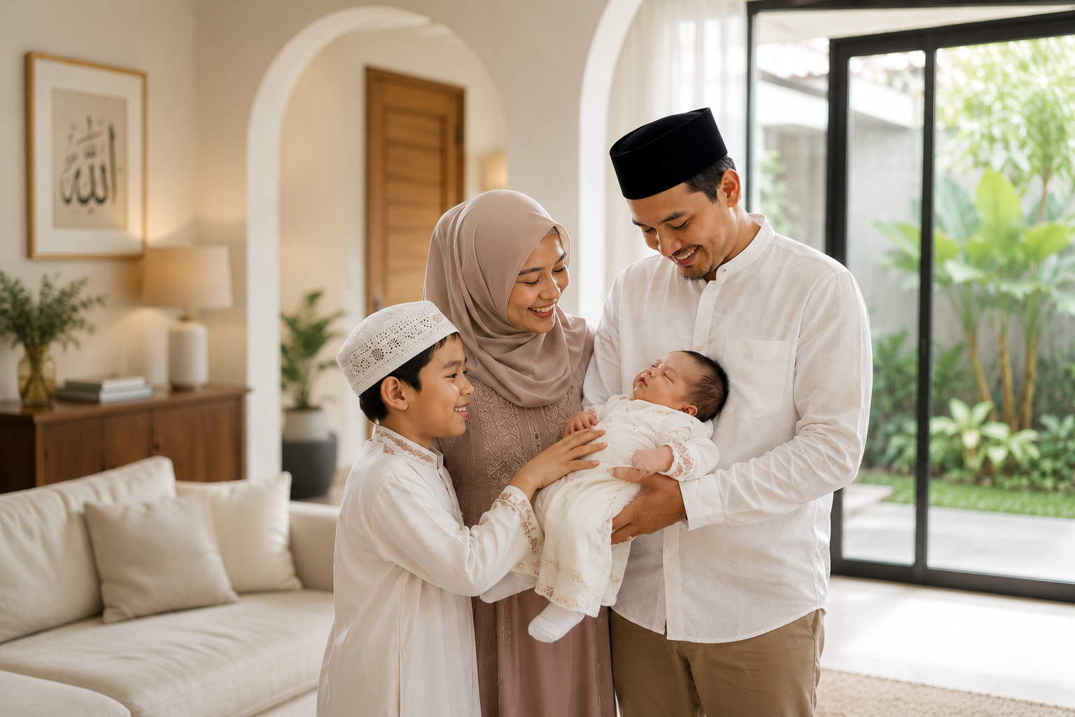 Keluarga muslim bahagia merayakan aqiqah buah hati